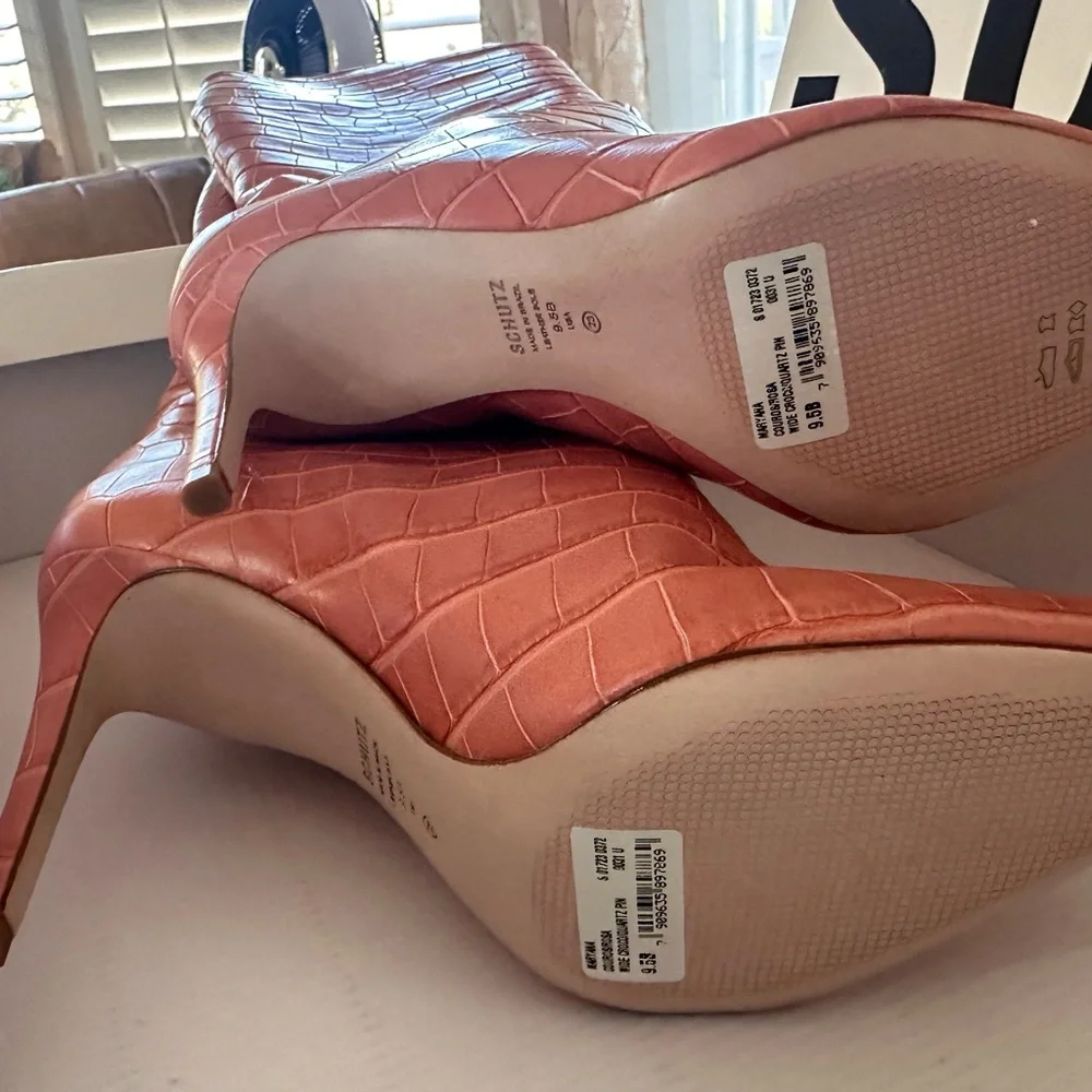 SCHUTZ Women's Croc-Embossed Coral Heeled Boots - Picture 5 of 9